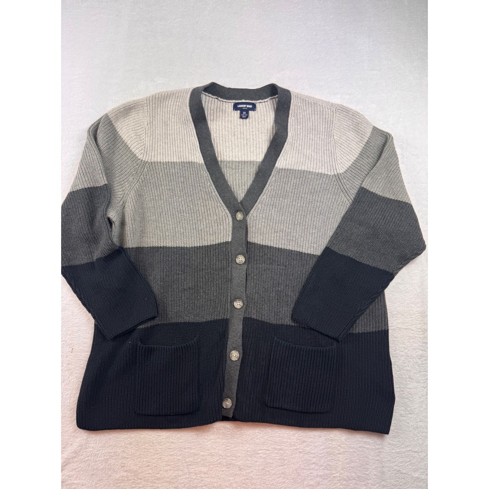 Lands End Drifter Cardigan Sweater Womens 3X Grey Colorblock Cotton Ribbed Knit